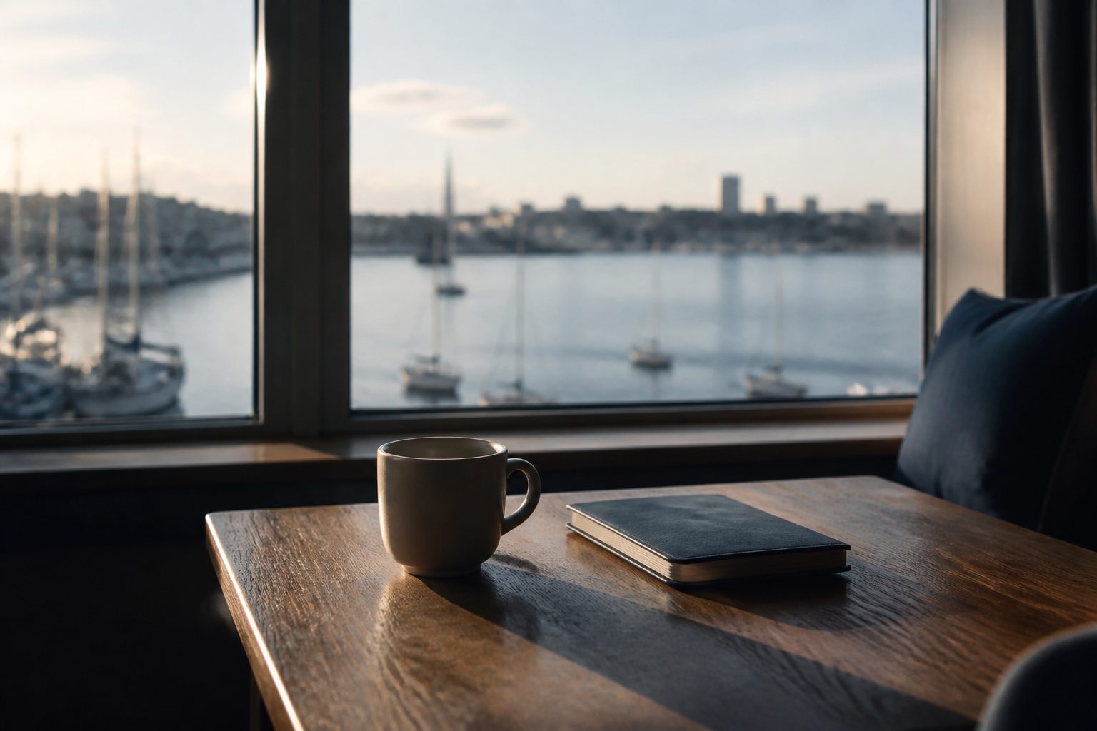 Table by a harbour window